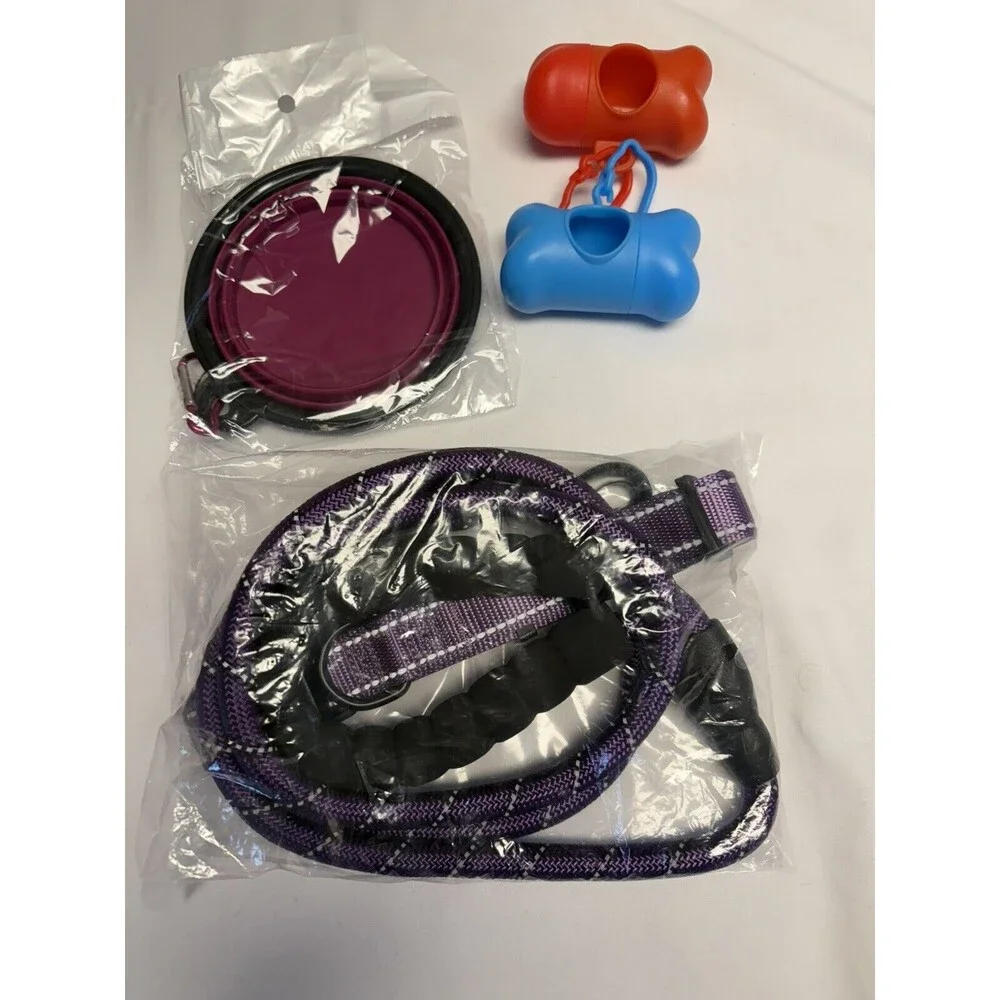 Dream Amour 5pc Dog Set purple collar, leach, water bowl &2 bag holders New